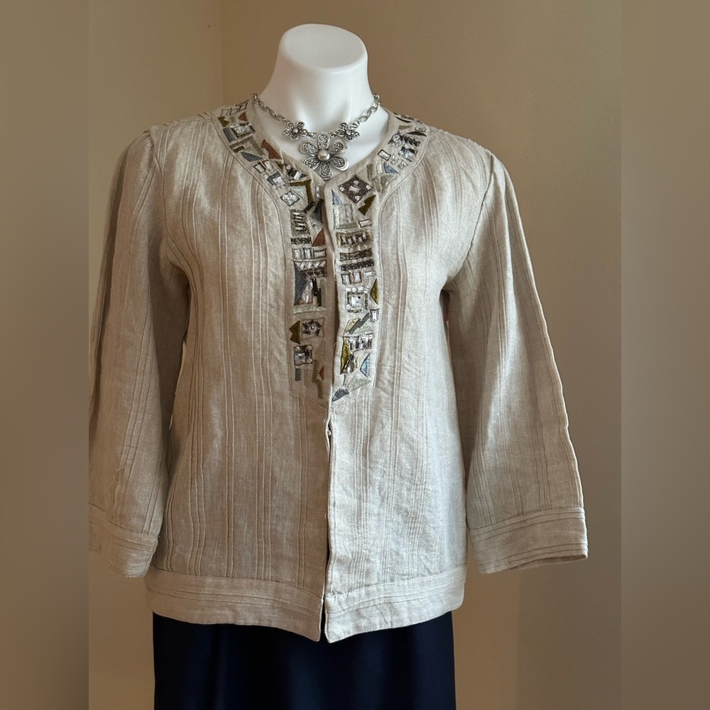 Chicos Crean W Gold Shimmer & Jewel Embellished Linen Long Sleeve Hook E…